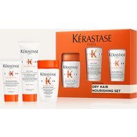 Kérastase Nutritive set with orange and white bottles, includes shampoo, conditioner, and mask in an orange box.