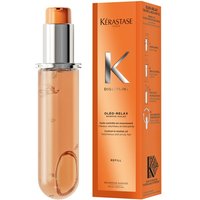 Kérastase Oleo-Relax Hair Oil in clear bottle with silver pump, orange cap, and matching orange box.
