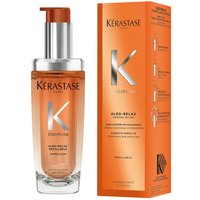Kérastase Oleo-Relax Hair Oil in clear pump bottle with orange label, next to matching orange box, 75ml.