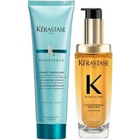 Kérastase Resistance Elixir Duo with turquoise tube and gold pump bottle, featuring bold black "K" logo.
