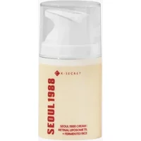 K-Secret Cream bottle with white pump, beige body, red "Seoul 1988" text, 50ml size.