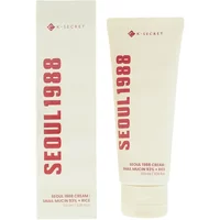 K-Secret cream tube with "Seoul 1988" text, white packaging, red lettering, 100ml size, snail mucin and rice formula.