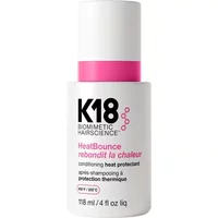 K18 HeatBounce Conditioning Heat Protectant, white bottle with pink accents, 118ml size.