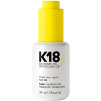 K18 Molecular Repair Hair Oil 30ml, white bottle with yellow cap and black text detailing.