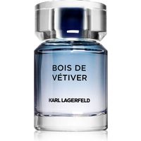 Clear glass bottle with silver cap, blue gradient liquid, labeled "Bois De Vetiver" by Karl Lagerfeld, 50ml.