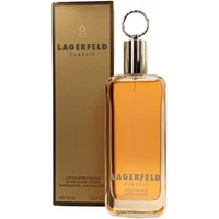 Karl Lagerfeld Classic Aftershave Lotion 100ml in a clear rectangular bottle with a silver cap and gold box.