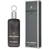 Karl Lagerfeld Classic Grey Eau De Toilette 100ml in a sleek dark grey bottle with a silver cap and matching box.