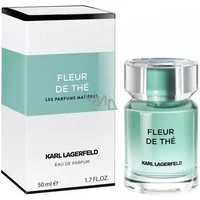 Karl Lagerfeld Fleur De The Eau De Parfum 50ml, clear glass bottle with teal liquid and matching box.