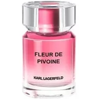 Clear glass bottle of Karl Lagerfeld Fleur Pivoine Eau De Parfum, pink liquid, silver cap, black text.