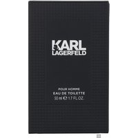 Black Karl Lagerfeld Pour Homme Eau de Toilette box with white text, 50ml size, textured pattern.