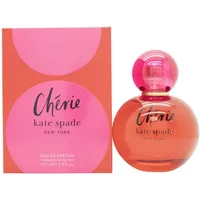 Kate Spade Cherie Eau De Parfum 100ml, round pink bottle with pink cap, next to matching pink and orange box.