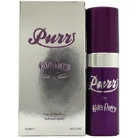 Purple Katy Perry Purr Eau De Parfum 15ml bottle with silver band, next to matching silver box with purple text.