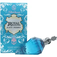 Blue diamond-shaped Katy Perry Royal Revolution perfume bottle with silver cap, next to ornate blue box.