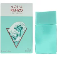 Aqua Kenzo Pour Femme Eau De Toilette 30ml, turquoise bottle with wavy cap, next to matching box with wave design.