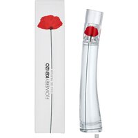 Clear glass bottle with a red poppy design, Kenzo Flower By Kenzo Eau de Parfum Spray 50ml, next to matching box.