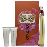 Kenzo Flower L'Absolue gift set with tall floral EDP bottle, two white tubes, and orange box with artistic design.
