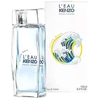 Clear glass bottle of Kenzo Pour Homme Hyper Wave Eau De Toilette, blue liquid, white box with wave design.