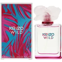 Kenzo Wild Eau De Toilette 50ml bottle with pink floral cap and vibrant pink-blue leaf packaging.