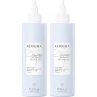 Kerasilk DOUBLE Exfoliating Scalp & Hair Treatment 200ml, light blue bottles with white caps and labels.