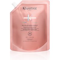 Pink refill pouch of Kerastase Chroma Bain Riche Respect, 500ml, with white spout and brand logo on front.