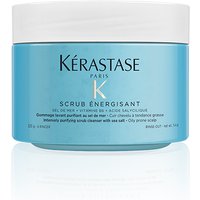 Blue jar of Kérastase Energising Scrub with white lid and bold black text.