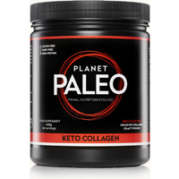 Black jar of Keto Collagen powder by Planet Paleo, red and white label, 440g, with C8MCT, plant paleo formula.