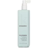 Light blue rectangular bottle of Kevin.Murphy Killer.Waves Curl Enhancer with white spray nozzle, 150ml.