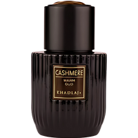 Black ribbed bottle of Khadlaj Cashmere Warm Oud Eau De Parfum, 100ml, with gold label and cap.