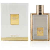 Khadlaj Karus Oud Secret Musk 100 ml perfume in a gold and silver ribbed bottle with matching box.