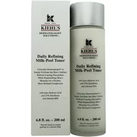 Kiehl's Daily Refining Milk Peel Toner 200ml in frosted bottle with silver cap, next to white box with black text.