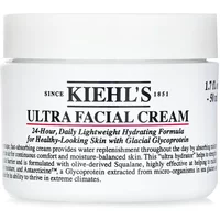 White Kiehl's Ultra Facial Cream jar, black text, 50ml, with hydrating formula details on the label.