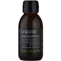Dark brown bottle of KIKI Health Liquid Chlorophyll 125ml with black cap and green label text.