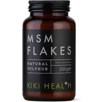 KIKI Health MSM Flakes 200g in dark amber bottle with black label, green text, and natural sulphur supplement details.