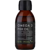 KIKI Health Omega 3 Fish Oil 125ml in dark amber bottle with black cap and white label text.