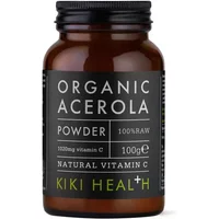 KIKI Health Organic Acerola Powder 100g in a dark amber jar with black label and green accents.