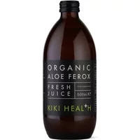 Brown bottle of KIKI Health Organic Aloe Ferox Juice, 500ml, with black cap and green-accented label.