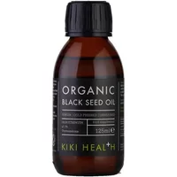 Brown bottle of KIKI Health Organic Black Seed Oil, 125ml, with black cap and green text label.