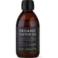 Brown glass bottle of KIKI Health Organic Castor Oil 250ml with black cap and green label text.