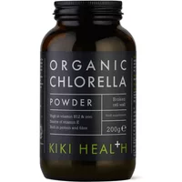 KIKI Health Organic Chlorella Powder 200g in a dark amber jar with a black label and green text.