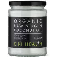 KIKI Health Organic Coconut Oil 500ml in clear jar with black label and lid, white text detailing raw virgin ingredients.