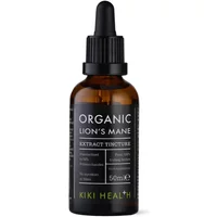 Brown glass bottle with black dropper cap, labeled "Organic Lion's Mane Extract Tincture 50ml" by KIKI Health.
