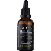 KIKI Health Organic Reishi Extract Tincture 50ml in a brown glass bottle with black dropper and label detailing.