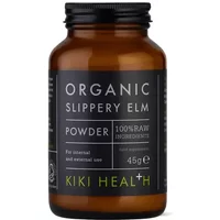 Brown glass jar of KIKI Health Organic Slippery Elm Powder, 45g, with black label and green text accents.