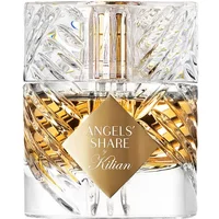 Crystal-cut bottle of Kilian Angel's Share Eau de Parfum, 50 ml, with amber liquid and gold diamond label.