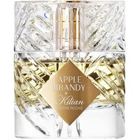 Clear glass bottle with gold label, intricate cut design, containing Kilian's Apple Brandy on The Rocks Eau de Parfum.