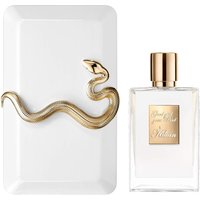 Kilian Good Girl Gone Bad perfume 50 ml with gold-capped bottle and white clutch featuring a gold snake design.