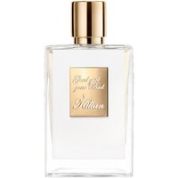 Clear glass perfume bottle with gold cap and label, "Good Girl Gone Bad" by Kilian, 50 ml, women's floral fragrance.