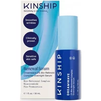 Kinship Dreamwave serum, blue bottle, white text, 30ml, with box highlighting bio-retinoid complex and skin benefits.