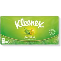 Green Kleenex Balsam tissues pack with aloe vera and vitamin E, featuring leaf and droplet image, 8-pack label.