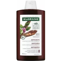 Klorane shampoo bottle with quinine, dark brown label, white cap, green Klorane logo, 400ml size.